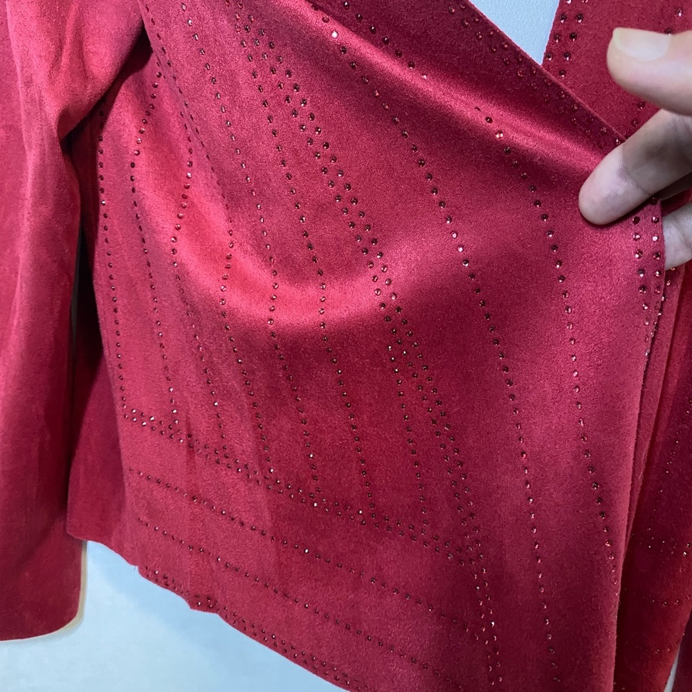 Vocal Open Front Lightweight Red Faux Suede Jacket with matching red bling - Picture 3 of 13
